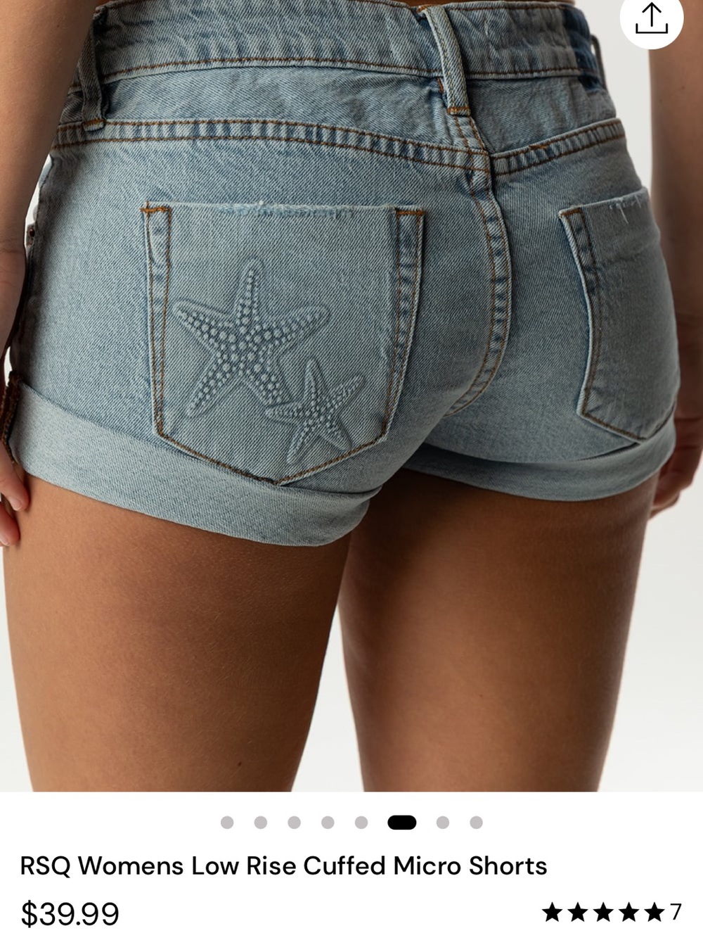 RSQ Light Blue Low-Rise Cuffed Denim Micro Shorts with Embroidered Starfish